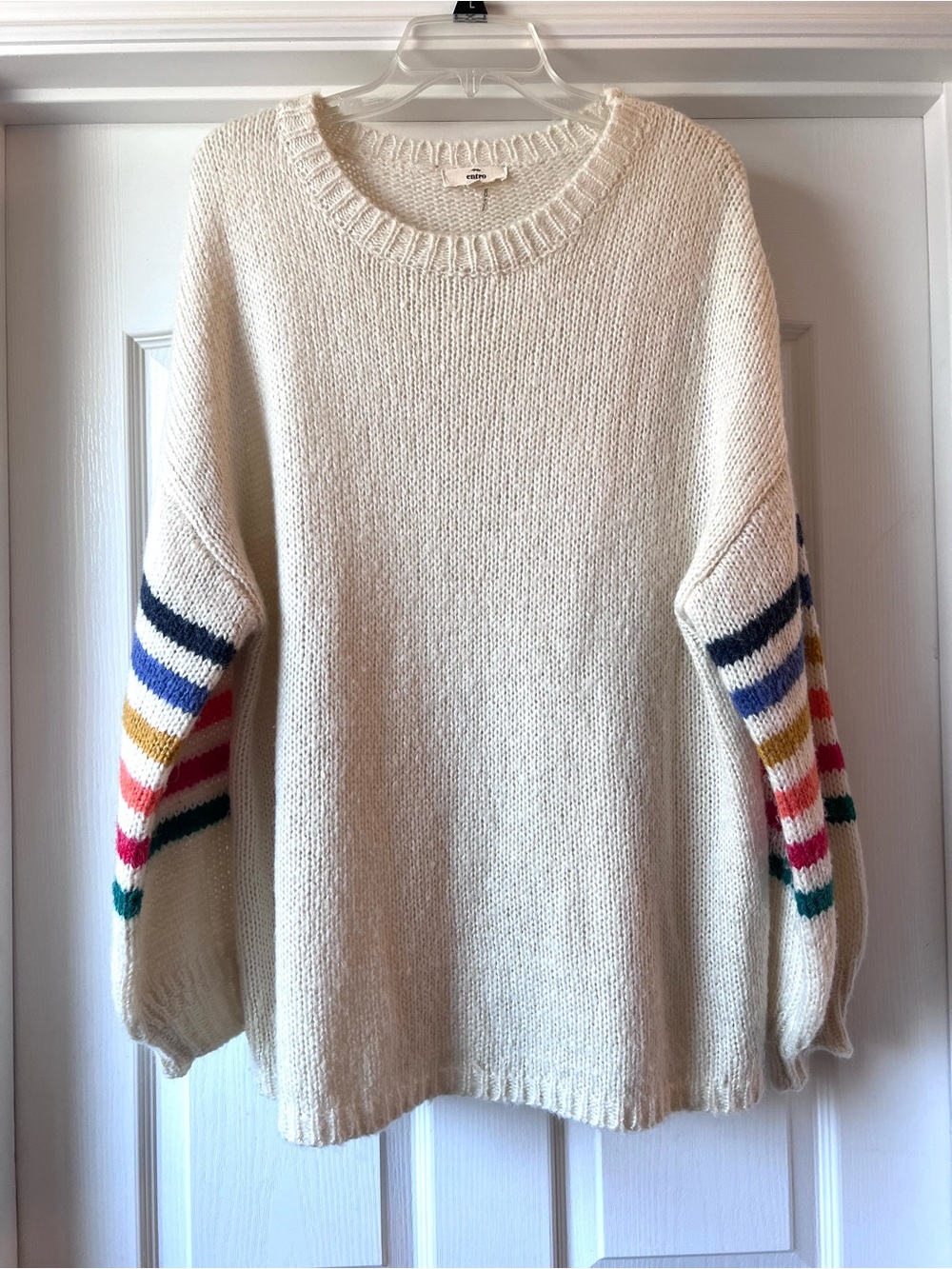 Entro Cream Crewneck Sweater with Colorful Striped Sleeves XL